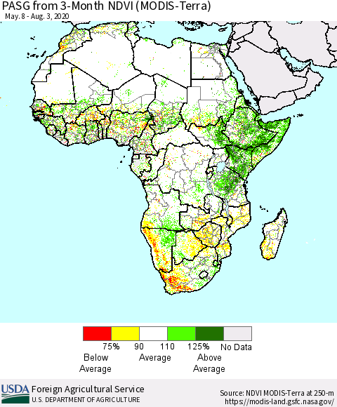 Africa PASG from 3-Month NDVI (Terra-MODIS) Thematic Map For 8/1/2020 - 8/10/2020