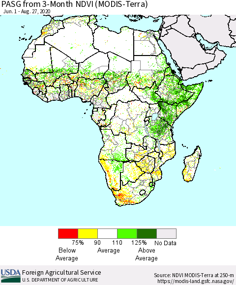 Africa PASG from 3-Month NDVI (Terra-MODIS) Thematic Map For 8/21/2020 - 8/31/2020