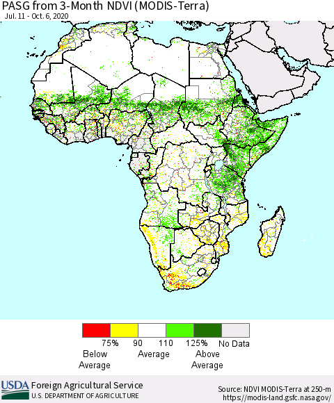 Africa PASG from 3-Month NDVI (Terra-MODIS) Thematic Map For 10/1/2020 - 10/10/2020