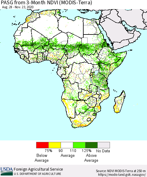 Africa PASG from 3-Month NDVI (Terra-MODIS) Thematic Map For 11/21/2020 - 11/30/2020