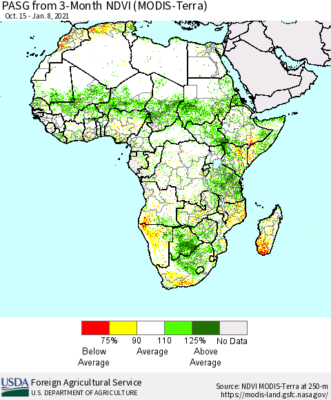 Africa PASG from 3-Month NDVI (Terra-MODIS) Thematic Map For 1/1/2021 - 1/10/2021