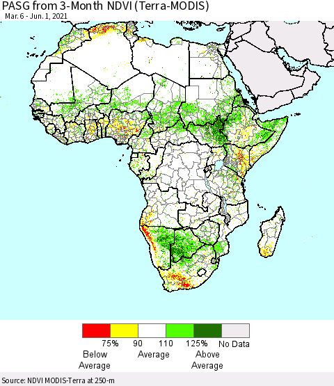 Africa PASG from 3-Month NDVI (Terra-MODIS) Thematic Map For 5/25/2021 - 6/1/2021