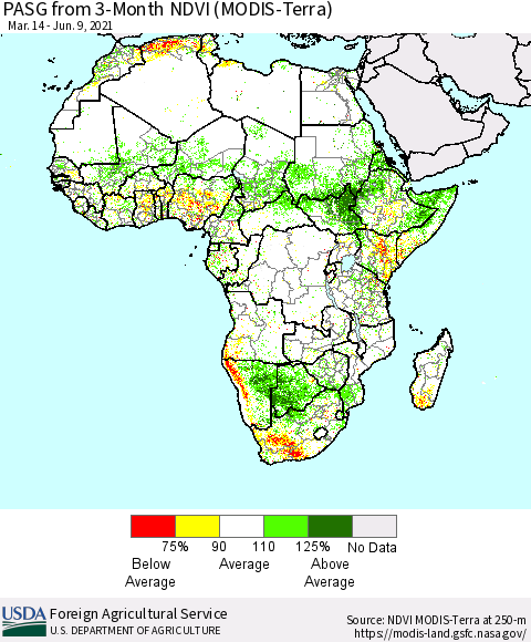 Africa PASG from 3-Month NDVI (Terra-MODIS) Thematic Map For 6/1/2021 - 6/10/2021