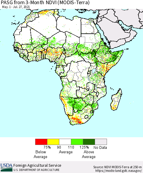Africa PASG from 3-Month NDVI (Terra-MODIS) Thematic Map For 7/21/2021 - 7/31/2021