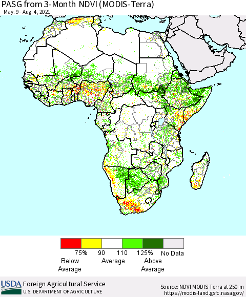 Africa PASG from 3-Month NDVI (Terra-MODIS) Thematic Map For 8/1/2021 - 8/10/2021