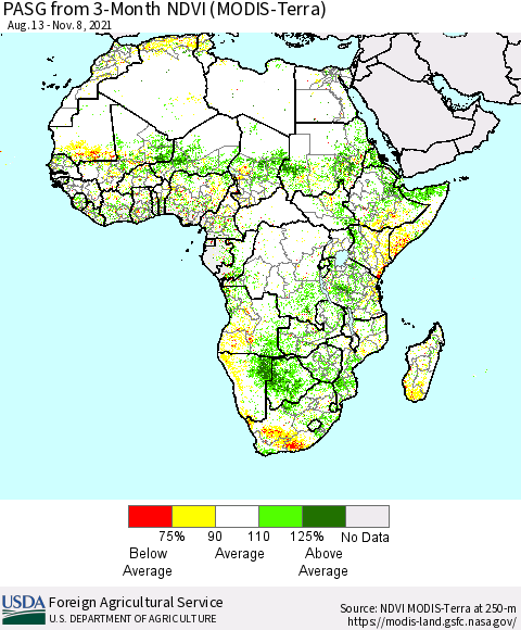 Africa PASG from 3-Month NDVI (Terra-MODIS) Thematic Map For 11/1/2021 - 11/10/2021