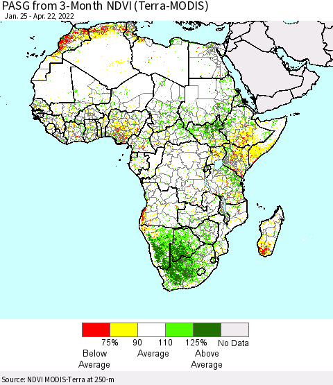 Africa PASG from 3-Month NDVI (Terra-MODIS) Thematic Map For 4/15/2022 - 4/22/2022