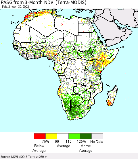 Africa PASG from 3-Month NDVI (Terra-MODIS) Thematic Map For 4/21/2022 - 4/30/2022