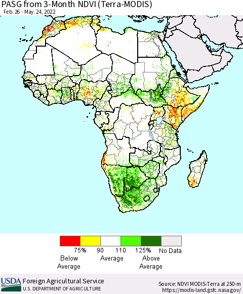 Africa PASG from 3-Month NDVI (Terra-MODIS) Thematic Map For 5/21/2022 - 5/31/2022