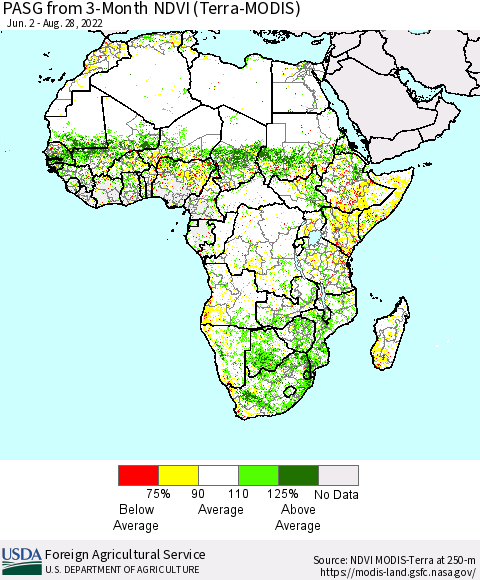 Africa PASG from 3-Month NDVI (Terra-MODIS) Thematic Map For 8/21/2022 - 8/31/2022