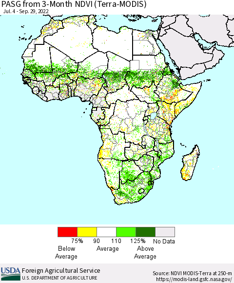 Africa PASG from 3-Month NDVI (Terra-MODIS) Thematic Map For 9/21/2022 - 9/30/2022