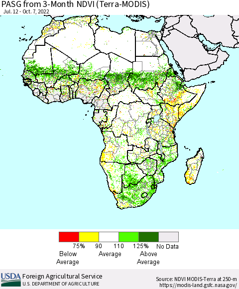 Africa PASG from 3-Month NDVI (Terra-MODIS) Thematic Map For 10/1/2022 - 10/10/2022