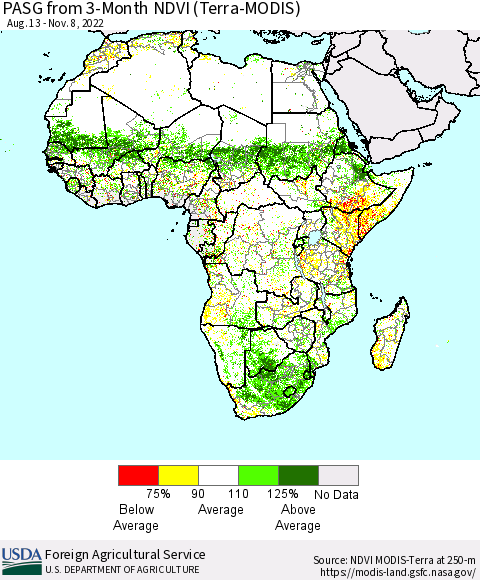 Africa PASG from 3-Month NDVI (Terra-MODIS) Thematic Map For 11/1/2022 - 11/10/2022