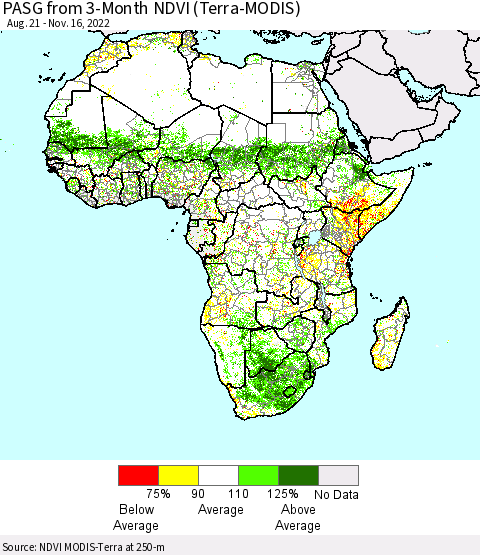 Africa PASG from 3-Month NDVI (Terra-MODIS) Thematic Map For 11/9/2022 - 11/16/2022