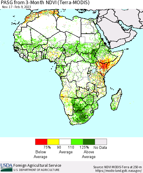 Africa PASG from 3-Month NDVI (Terra-MODIS) Thematic Map For 2/1/2023 - 2/10/2023
