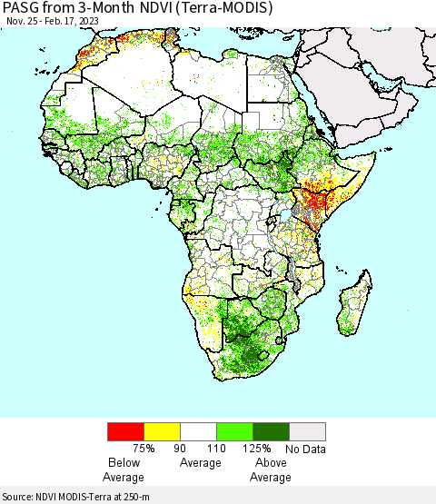 Africa PASG from 3-Month NDVI (Terra-MODIS) Thematic Map For 2/10/2023 - 2/17/2023