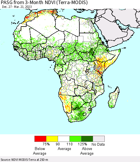 Africa PASG from 3-Month NDVI (Terra-MODIS) Thematic Map For 3/14/2023 - 3/21/2023