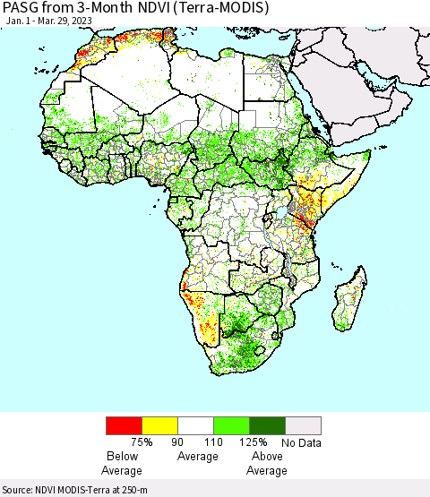 Africa PASG from 3-Month NDVI (Terra-MODIS) Thematic Map For 3/22/2023 - 3/29/2023