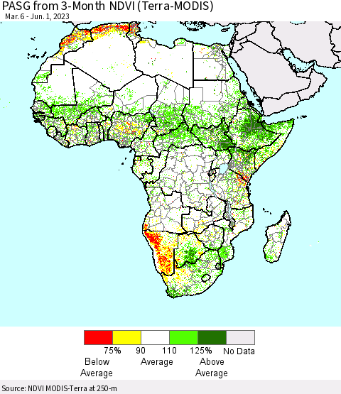 Africa PASG from 3-Month NDVI (Terra-MODIS) Thematic Map For 5/25/2023 - 6/1/2023