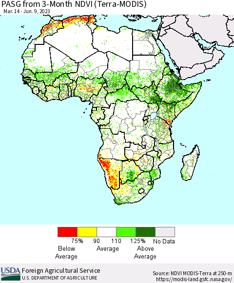 Africa PASG from 3-Month NDVI (Terra-MODIS) Thematic Map For 6/1/2023 - 6/10/2023