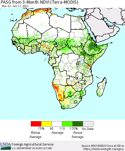 Africa PASG from 3-Month NDVI (Terra-MODIS) Thematic Map For 6/11/2023 - 6/20/2023
