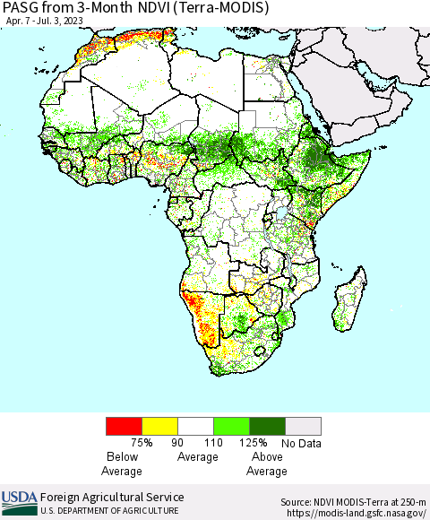 Africa PASG from 3-Month NDVI (Terra-MODIS) Thematic Map For 7/1/2023 - 7/10/2023