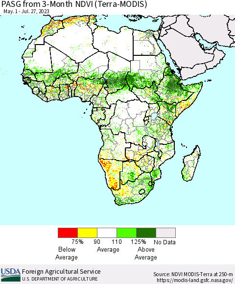 Africa PASG from 3-Month NDVI (Terra-MODIS) Thematic Map For 7/21/2023 - 7/31/2023