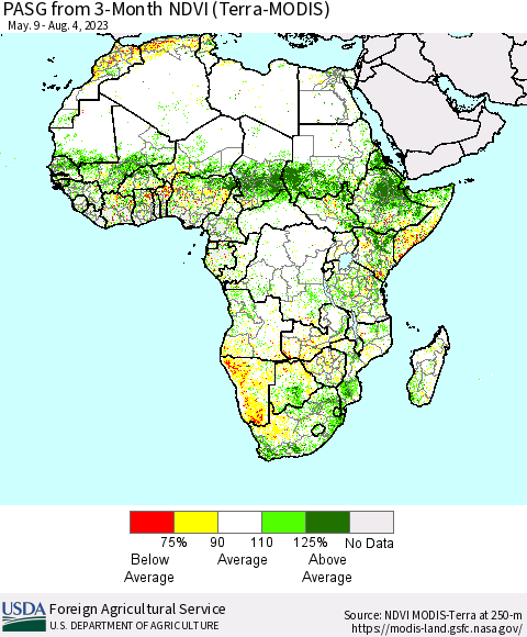 Africa PASG from 3-Month NDVI (Terra-MODIS) Thematic Map For 8/1/2023 - 8/10/2023