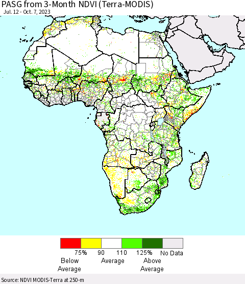Africa PASG from 3-Month NDVI (Terra-MODIS) Thematic Map For 9/30/2023 - 10/7/2023