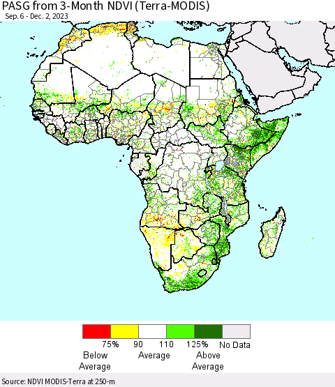 Africa PASG from 3-Month NDVI (Terra-MODIS) Thematic Map For 11/25/2023 - 12/2/2023