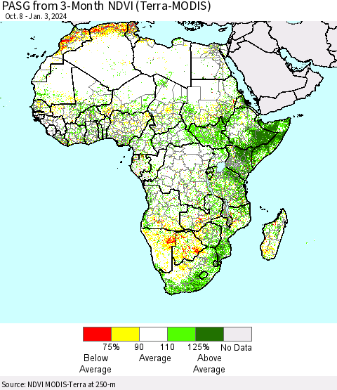 Africa PASG from 3-Month NDVI (Terra-MODIS) Thematic Map For 12/27/2023 - 1/3/2024