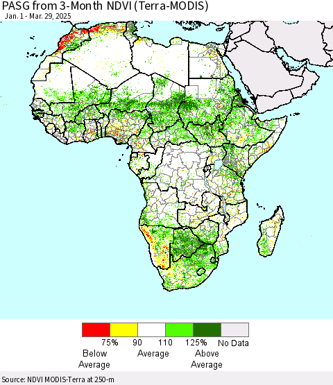 Africa PASG from 3-Month NDVI (Terra-MODIS) Thematic Map For 3/22/2025 - 3/29/2025