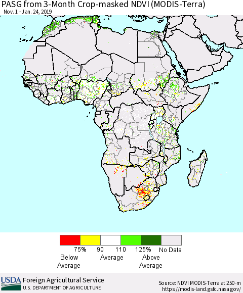 Africa PASG from 3-Month Cropland NDVI (Terra-MODIS) Thematic Map For 1/21/2019 - 1/31/2019