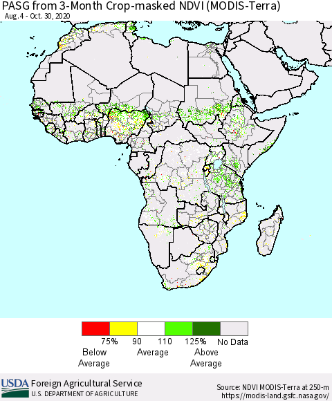 Africa PASG from 3-Month Cropland NDVI (Terra-MODIS) Thematic Map For 10/21/2020 - 10/31/2020