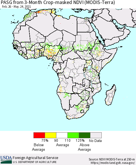 Africa PASG from 3-Month Cropland NDVI (Terra-MODIS) Thematic Map For 5/21/2021 - 5/31/2021