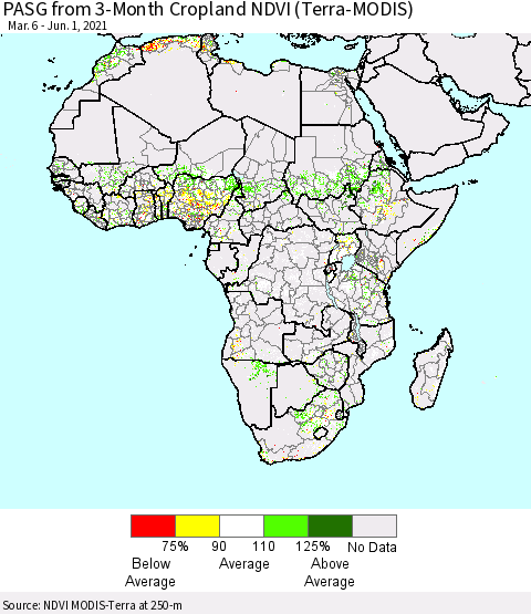 Africa PASG from 3-Month Cropland NDVI (Terra-MODIS) Thematic Map For 5/25/2021 - 6/1/2021