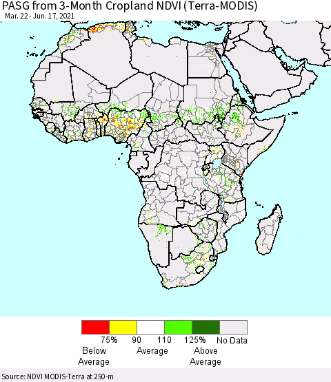 Africa PASG from 3-Month Cropland NDVI (Terra-MODIS) Thematic Map For 6/10/2021 - 6/17/2021