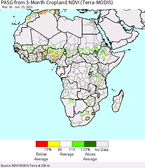 Africa PASG from 3-Month Cropland NDVI (Terra-MODIS) Thematic Map For 6/18/2021 - 6/25/2021
