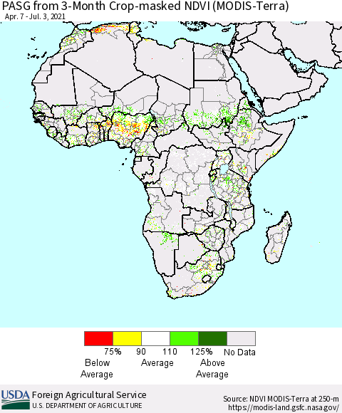 Africa PASG from 3-Month Cropland NDVI (Terra-MODIS) Thematic Map For 7/1/2021 - 7/10/2021