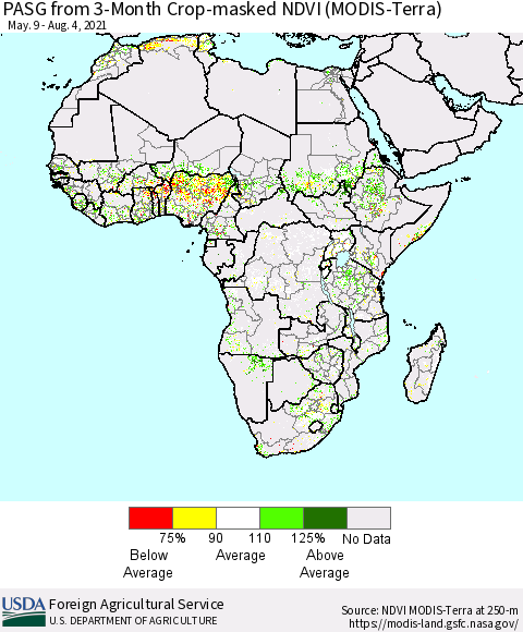 Africa PASG from 3-Month Cropland NDVI (Terra-MODIS) Thematic Map For 8/1/2021 - 8/10/2021