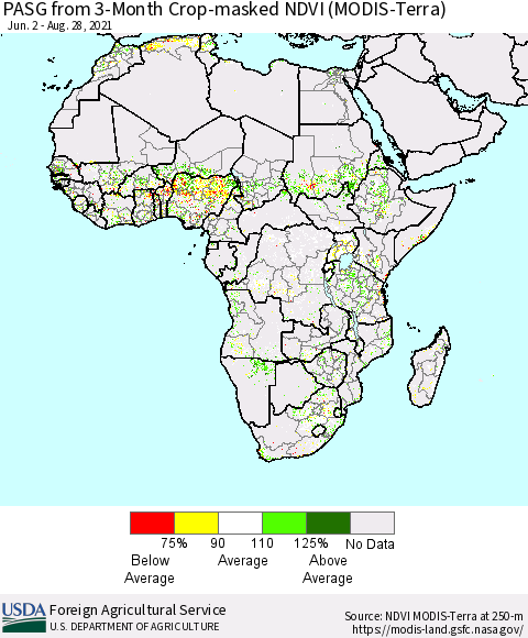 Africa PASG from 3-Month Cropland NDVI (Terra-MODIS) Thematic Map For 8/21/2021 - 8/31/2021