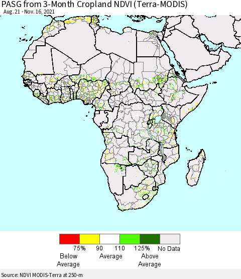 Africa PASG from 3-Month Cropland NDVI (Terra-MODIS) Thematic Map For 11/9/2021 - 11/16/2021