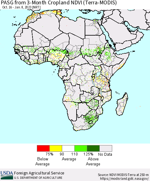 Africa PASG from 3-Month Cropland NDVI (Terra-MODIS) Thematic Map For 1/1/2023 - 1/10/2023