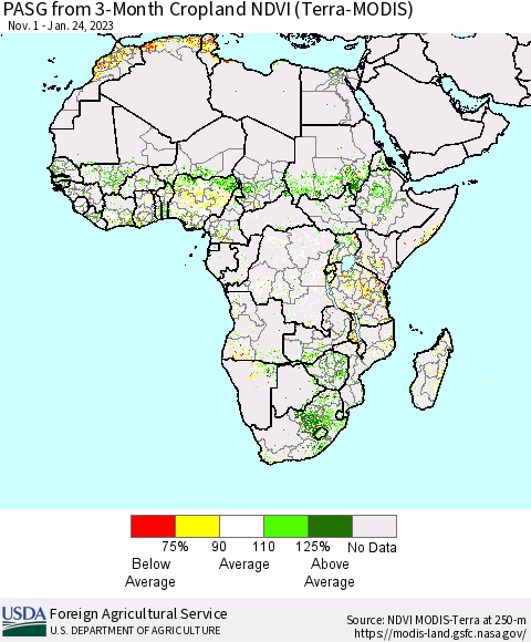 Africa PASG from 3-Month Cropland NDVI (Terra-MODIS) Thematic Map For 1/21/2023 - 1/31/2023