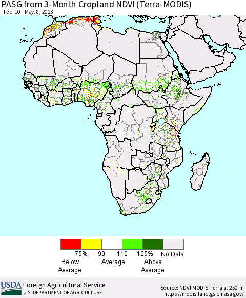 Africa PASG from 3-Month Cropland NDVI (Terra-MODIS) Thematic Map For 5/1/2023 - 5/10/2023