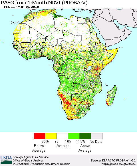 Africa PASG from 1-Month NDVI (PROBA-V) Thematic Map For 3/1/2018 - 3/10/2018