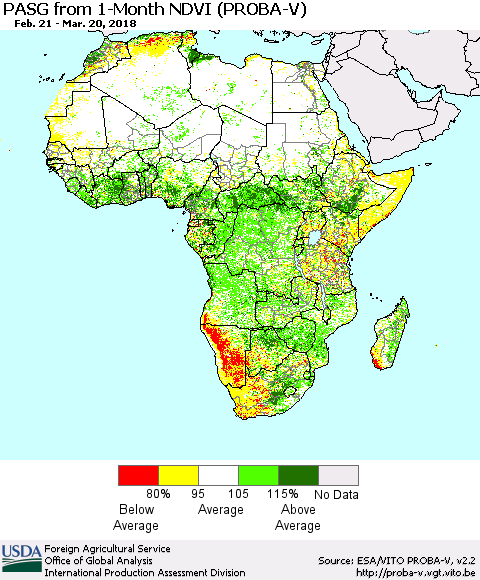 Africa PASG from 1-Month NDVI (PROBA-V) Thematic Map For 3/11/2018 - 3/20/2018