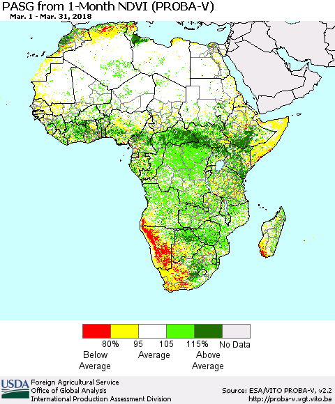 Africa PASG from 1-Month NDVI (PROBA-V) Thematic Map For 3/21/2018 - 3/31/2018