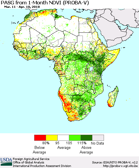 Africa PASG from 1-Month NDVI (PROBA-V) Thematic Map For 4/1/2018 - 4/10/2018