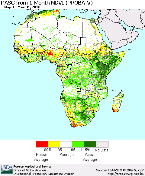 Africa PASG from 1-Month NDVI (PROBA-V) Thematic Map For 5/21/2018 - 5/31/2018
